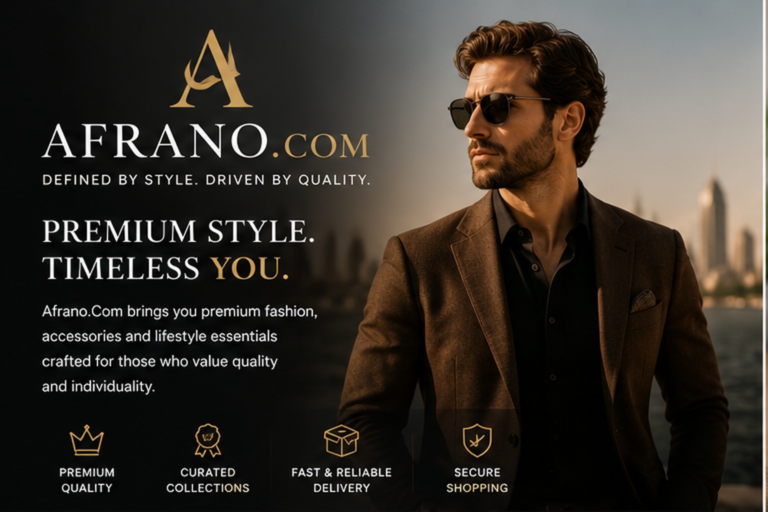 Afrano.Com featured luxury fashion concept showing a stylish male model with premium black-and-gold branding.