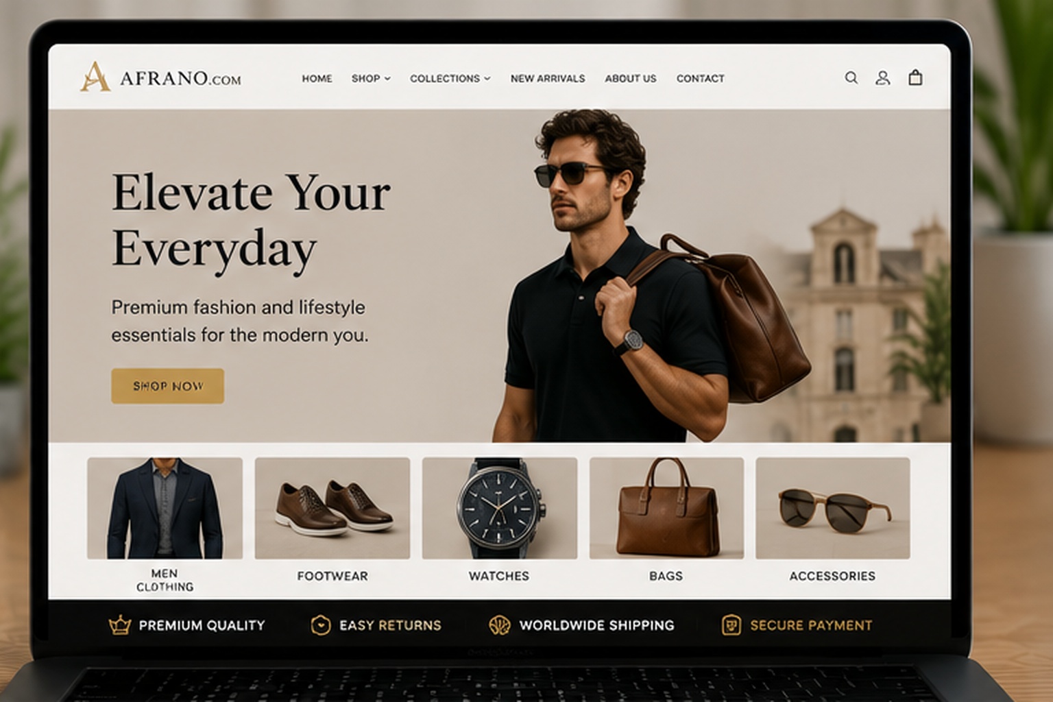 Afrano.Com ecommerce website concept displayed on a laptop with premium clothing, footwear, watches, bags and accessories.