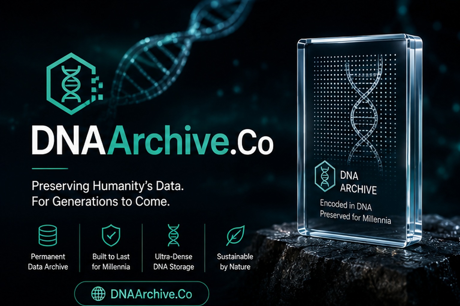 DNAArchive.Co featured concept showing DNA-based archival data preservation with a futuristic storage medium and DNA helix imagery.