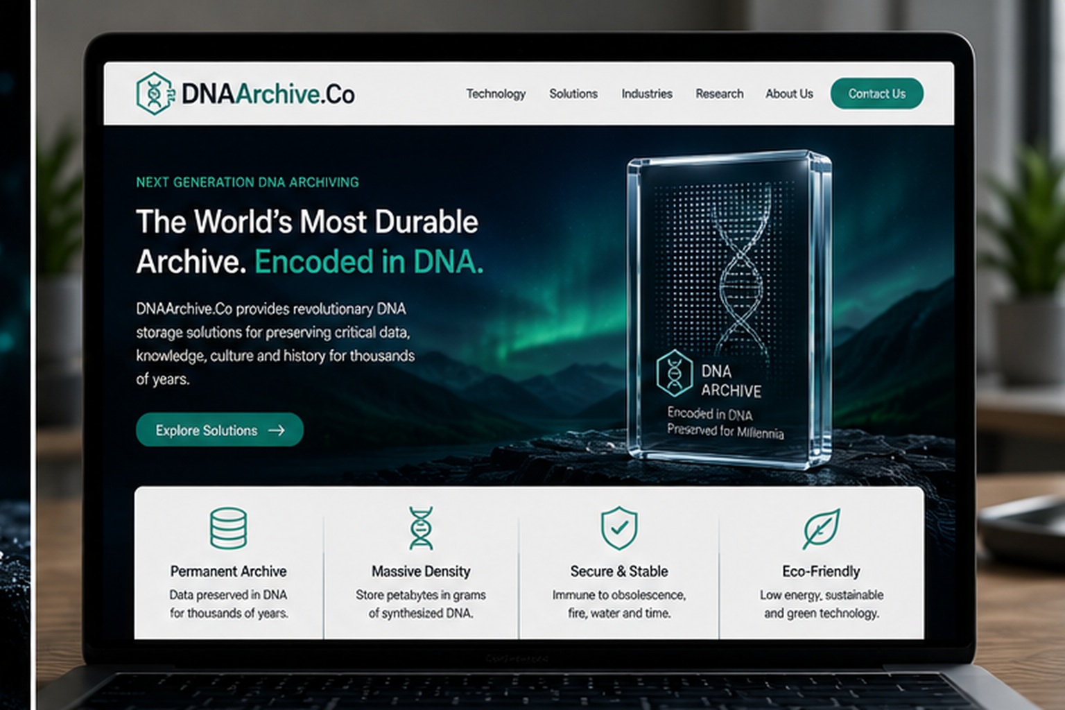 DNAArchive.Co website concept presenting durable DNA-encoded archival storage for preserving data, knowledge and history.