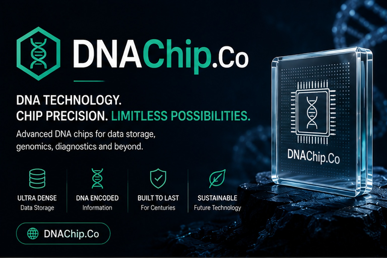 DNAChip.Co featured biotechnology concept showing a futuristic DNA chip with DNA helix imagery and advanced data-storage applications.