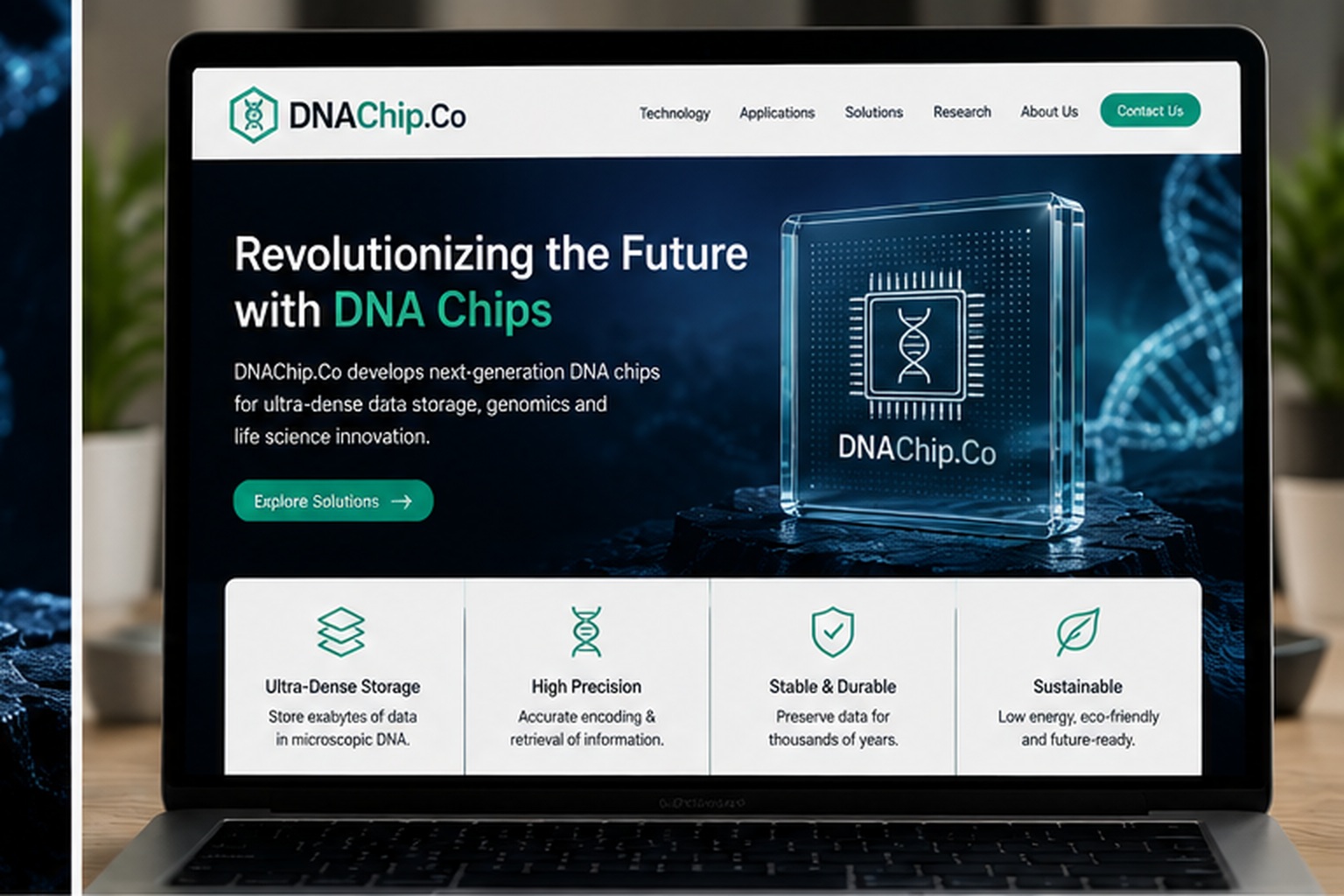 DNAChip.Co website concept featuring next-generation DNA chip technology for data storage, genomics and biotechnology.