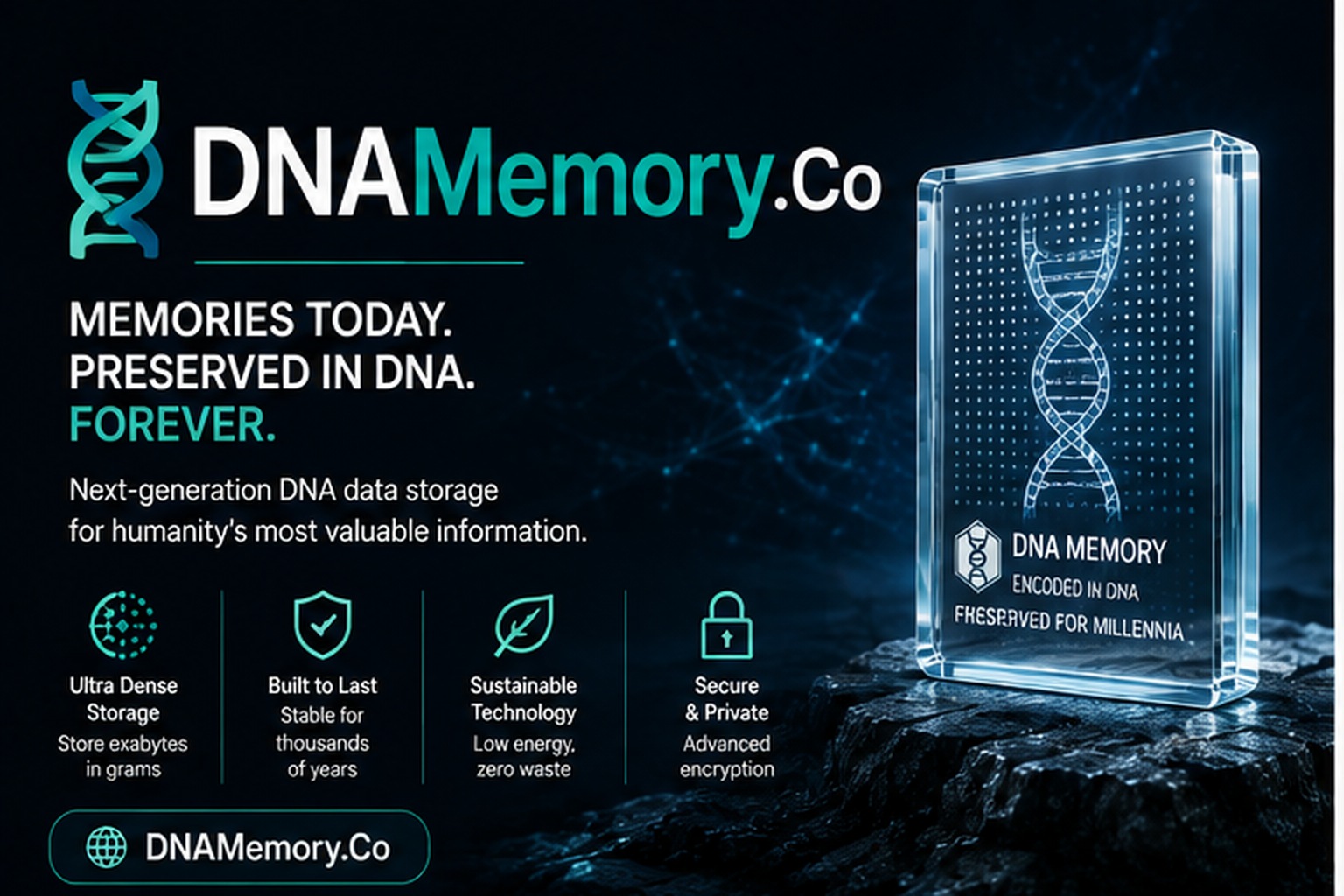 DNAMemory.Co featured concept combining DNA technology with long-term digital memory and information preservation.