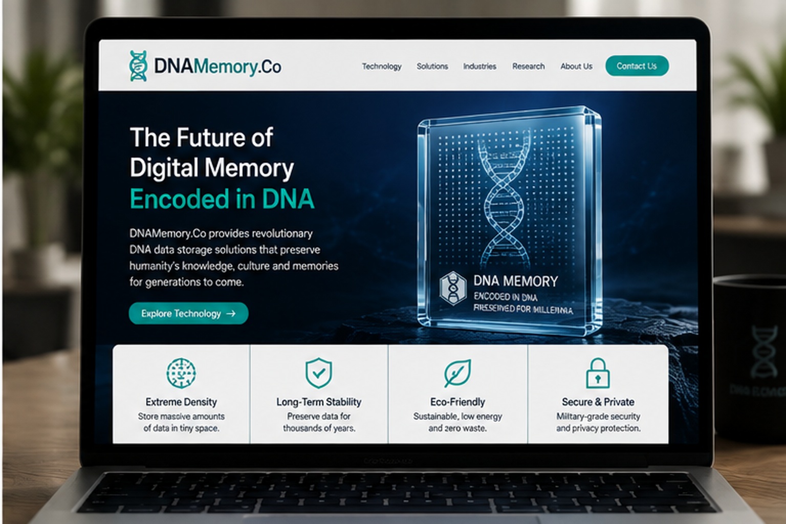 DNAMemory.Co website concept presenting DNA-encoded digital memory and long-term data preservation technology.