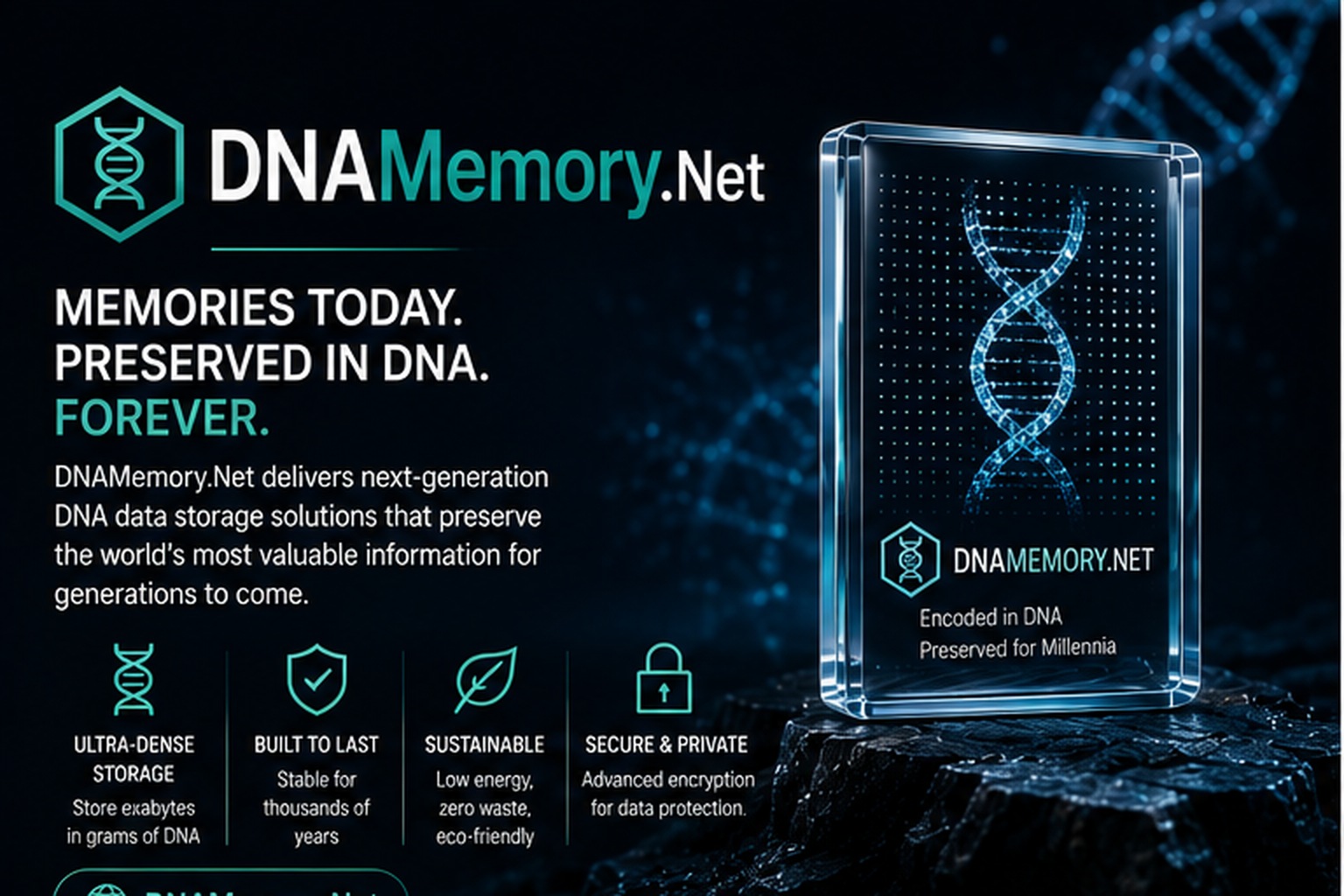 DNAMemory.Net featured concept combining DNA technology with ultra-long-term digital memory and data preservation.