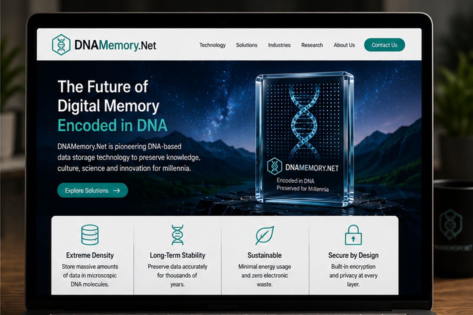DNAMemory.Net website concept presenting DNA-encoded digital memory and long-term information storage technology.