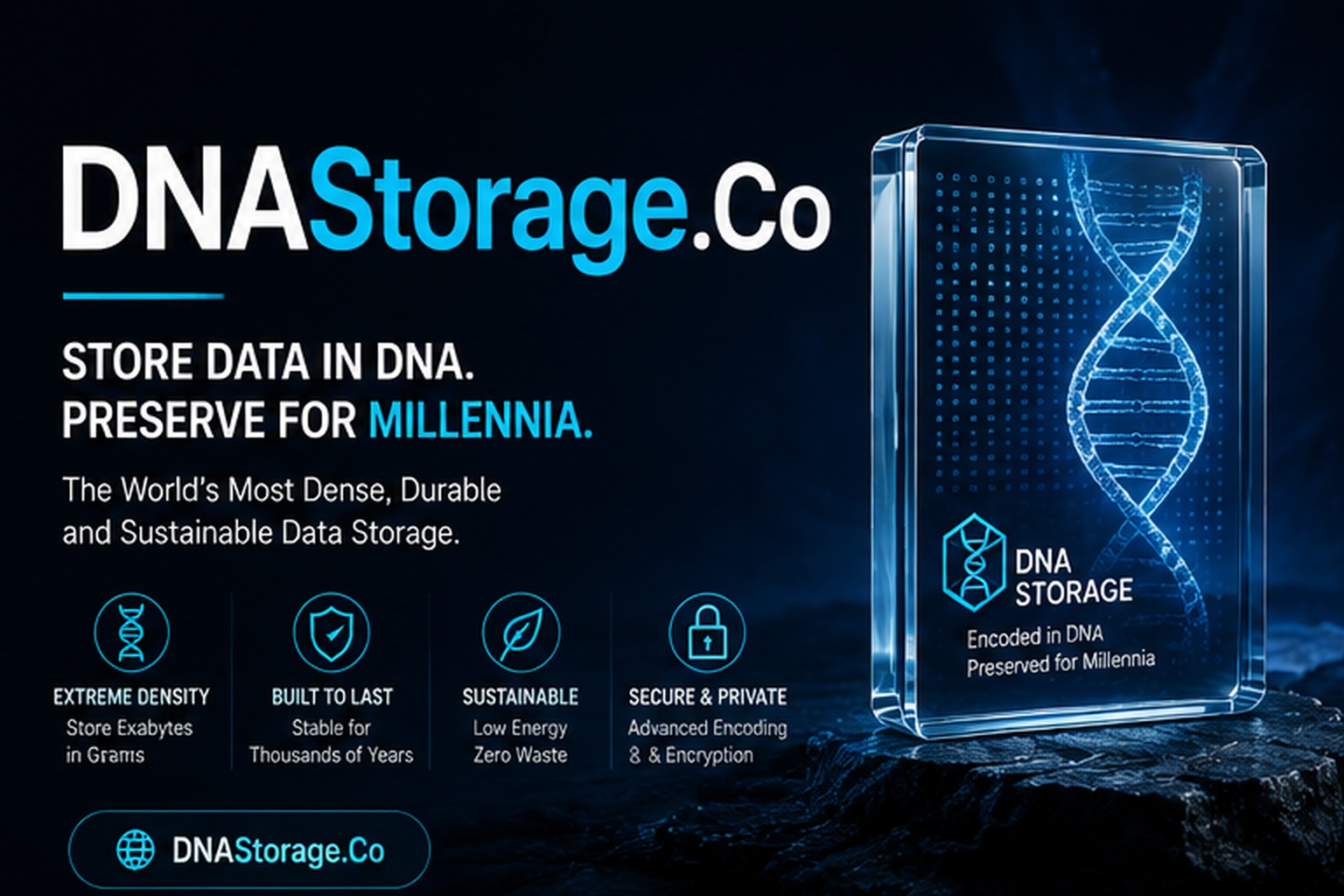 DNAStorage.Co featured concept showing DNA-based digital data preservation with a DNA helix and futuristic archival storage medium.