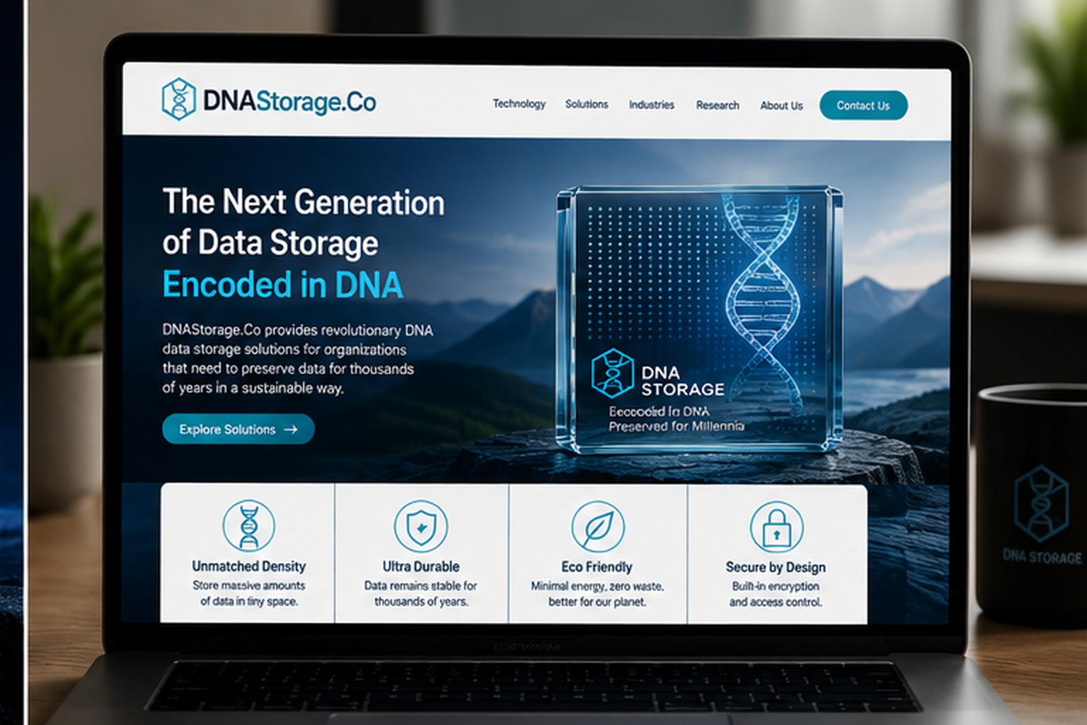 DNAStorage.Co website concept displayed on a laptop featuring DNA-encoded data storage technology.