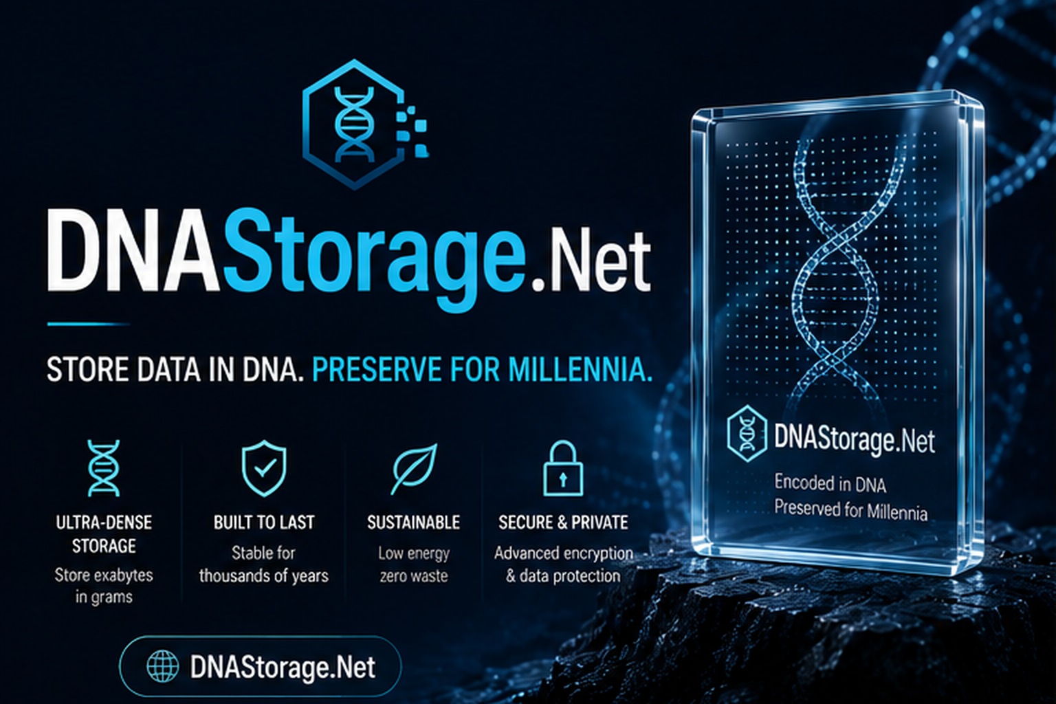 DNAStorage.Net featured concept showing DNA-based digital data storage with a DNA helix and futuristic high-density archival medium.