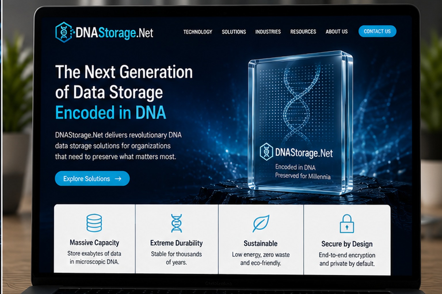DNAStorage.Net website concept presenting DNA-encoded storage technology for high-density and long-term data preservation.