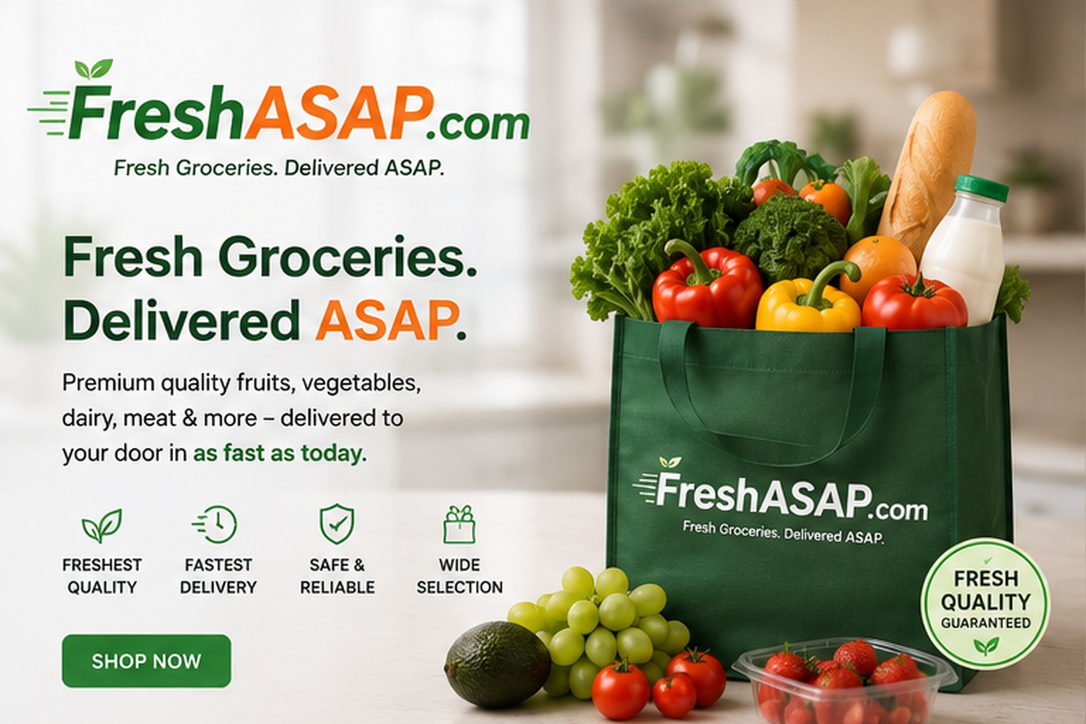 FreshASAP.com featured grocery delivery concept showing a branded bag filled with fresh fruits, vegetables, bread and dairy products.