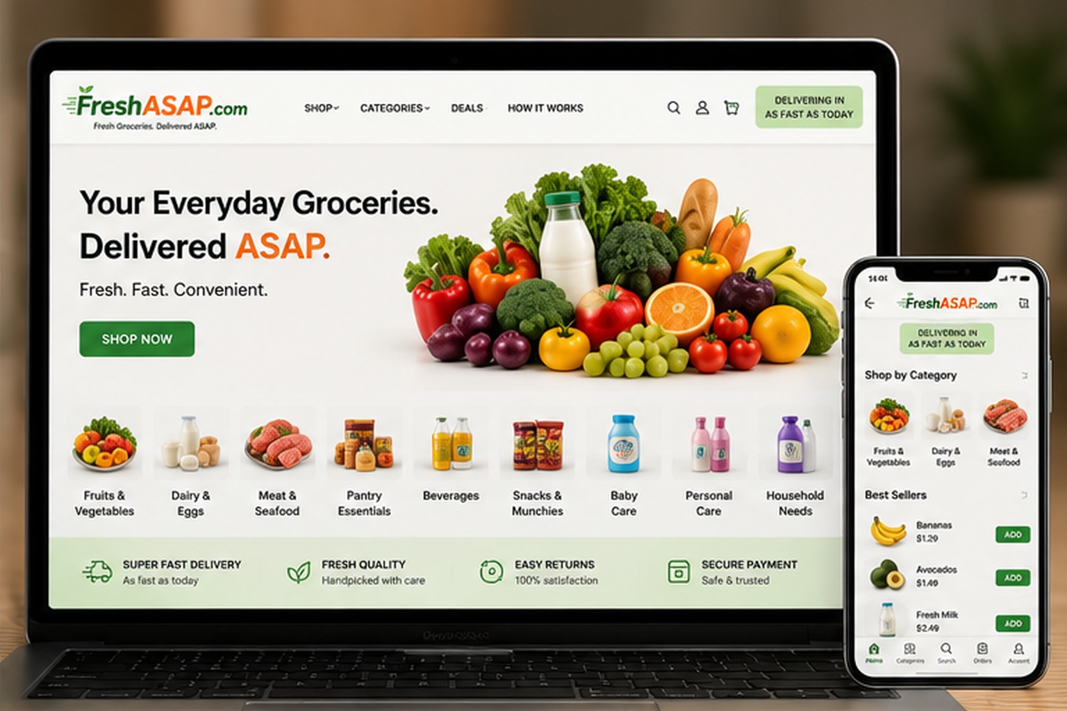 FreshASAP.com grocery delivery website and mobile app concept featuring produce, dairy, meat, pantry goods and household categories.