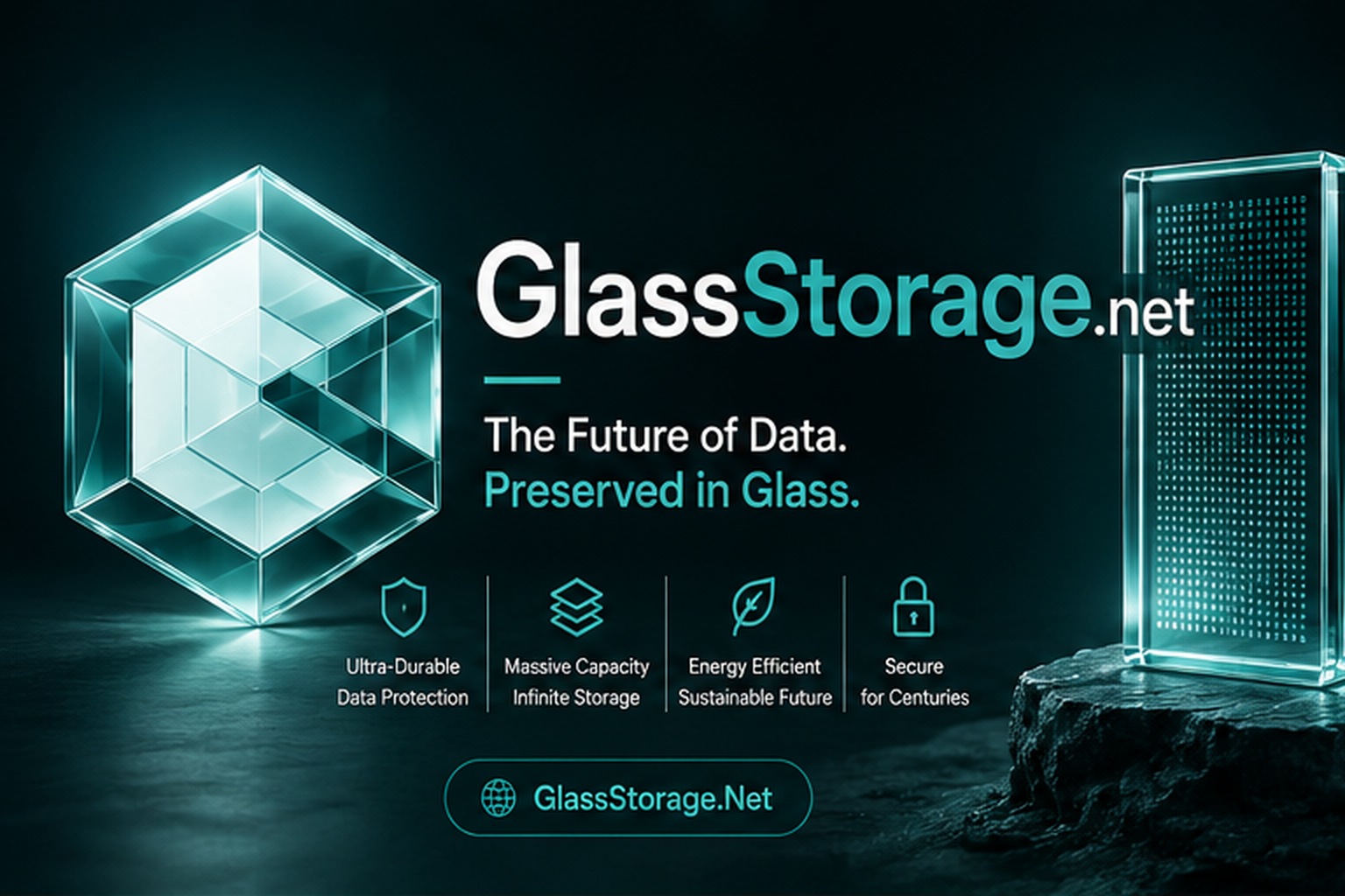 GlassStorage.Net featured concept showing futuristic glass-based archival data storage with durability, security and long-term preservation themes.