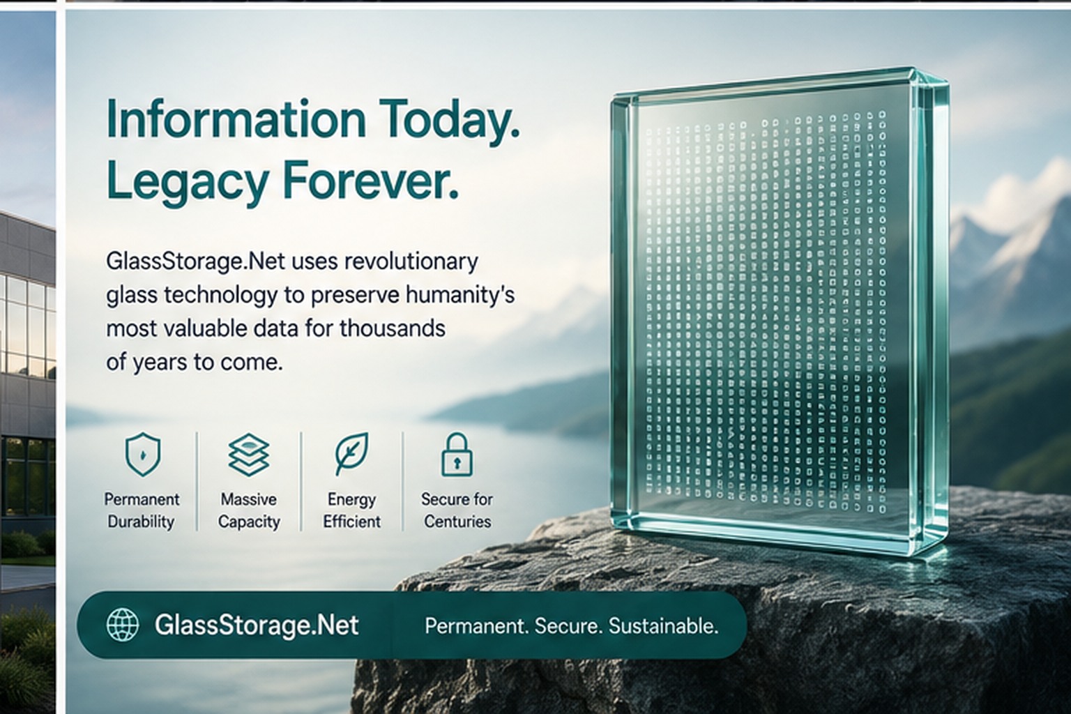 GlassStorage.Net archival technology campaign featuring data encoded in glass against a dramatic mountain landscape.