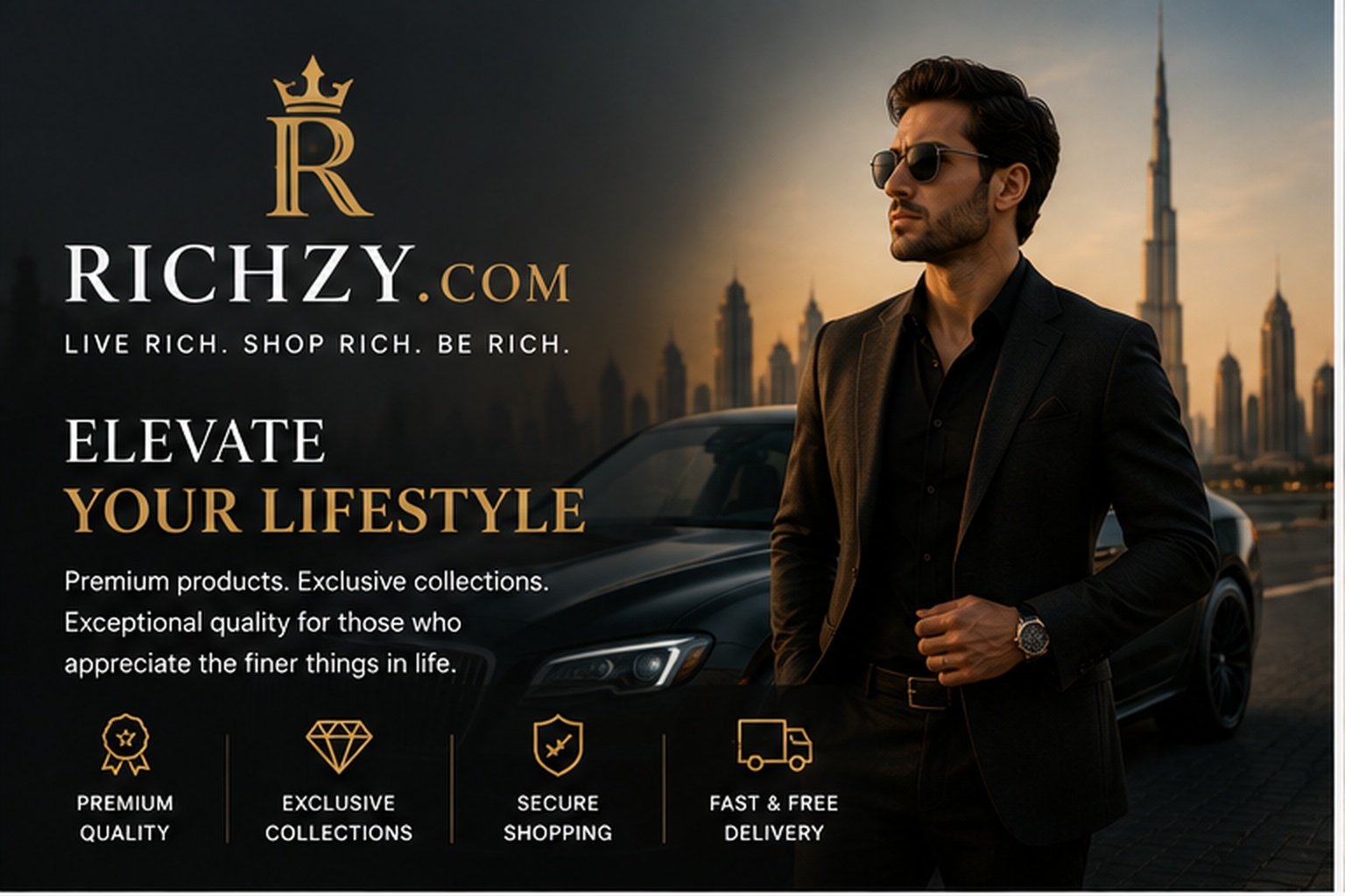Richzy.Com featured luxury lifestyle concept showing a sophisticated man, premium car and black-and-gold branding.