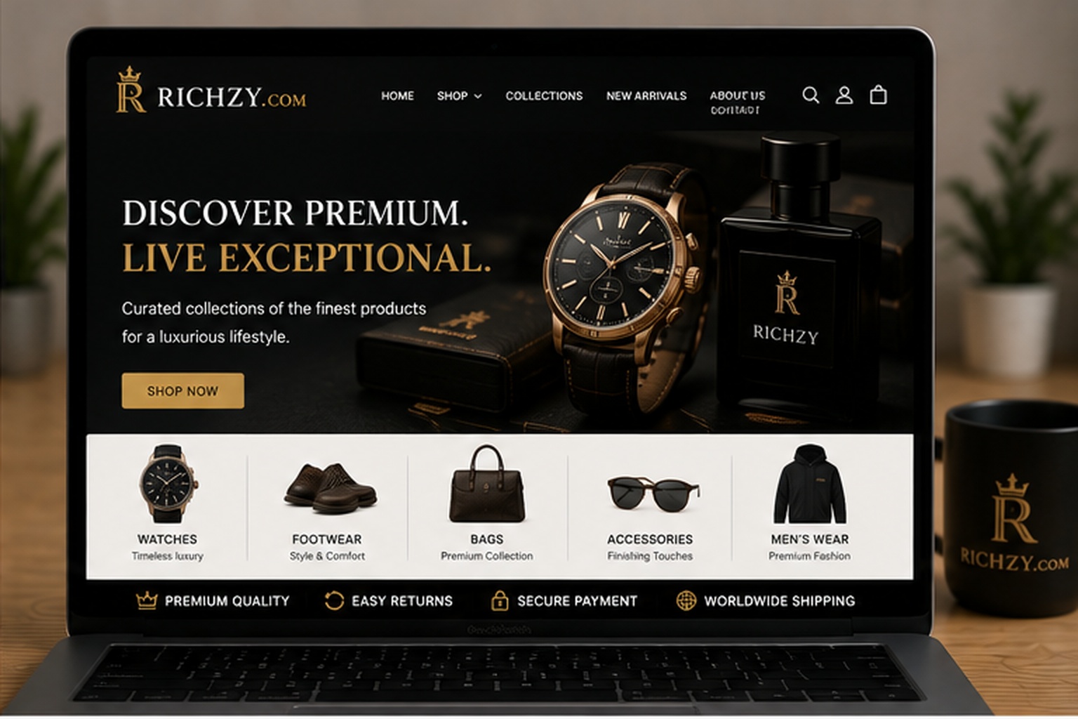 Richzy.Com ecommerce website concept displayed on a laptop featuring watches, footwear, bags, accessories and premium menswear.