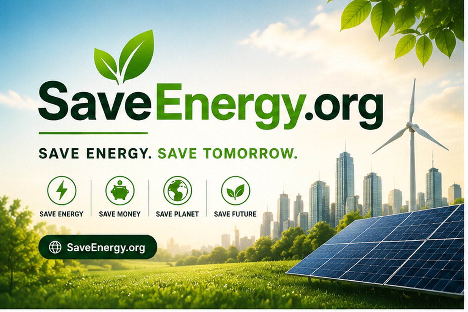 SaveEnergy.org featured sustainability concept with solar panels, wind energy, green landscape and energy-saving icons.