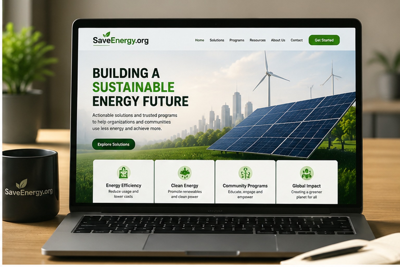 SaveEnergy.org website concept displayed on a laptop with renewable-energy imagery and energy-efficiency program sections.