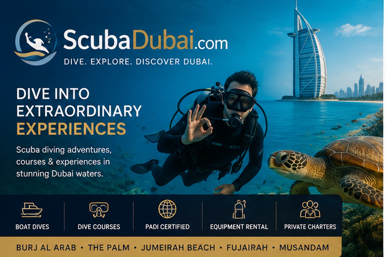 ScubaDubai.Com featured concept showing a scuba diver underwater near Dubai with marine life and the Burj Al Arab in the background.