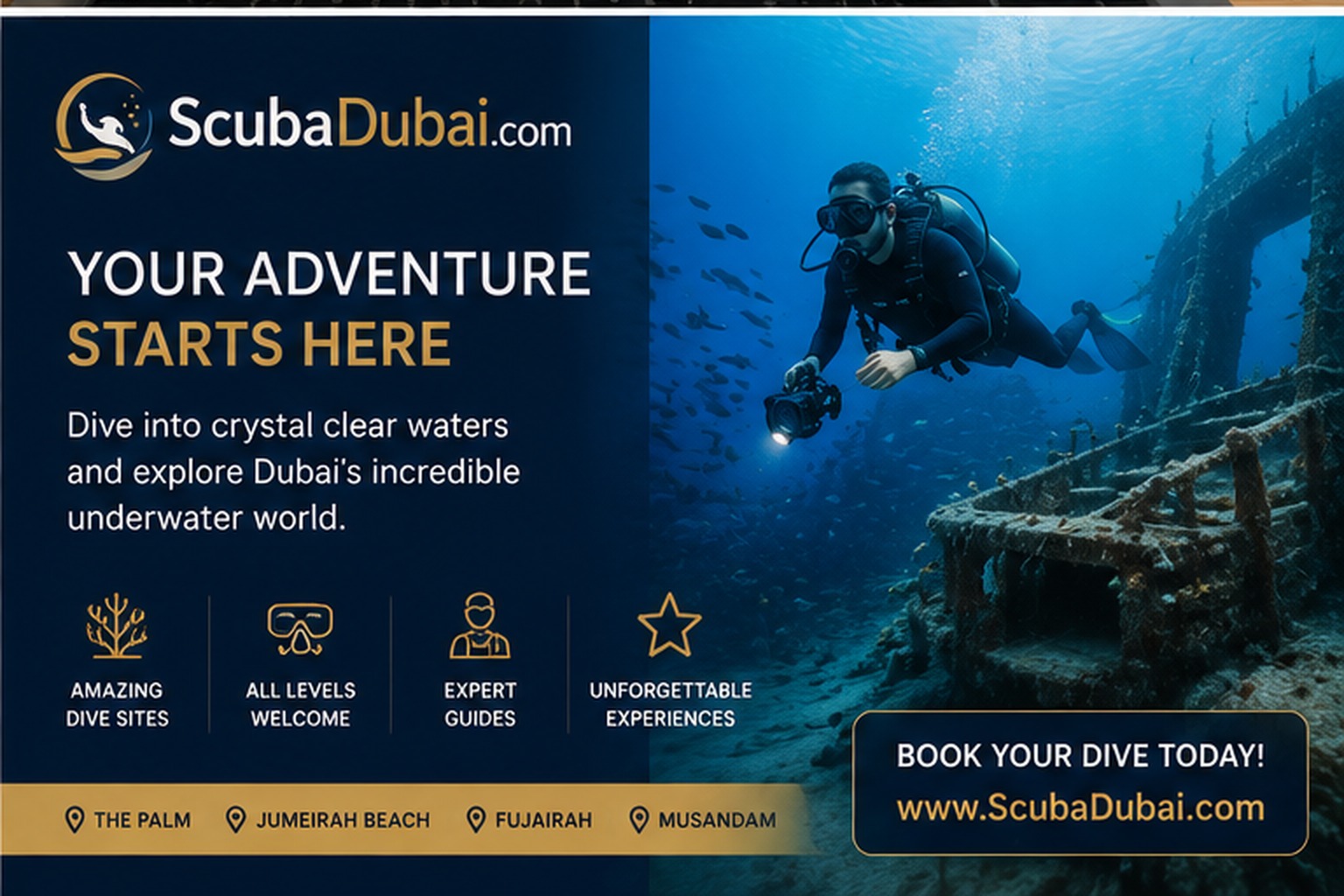 ScubaDubai.Com campaign visual featuring a scuba diver exploring an underwater wreck with Dubai-focused dive destination messaging.