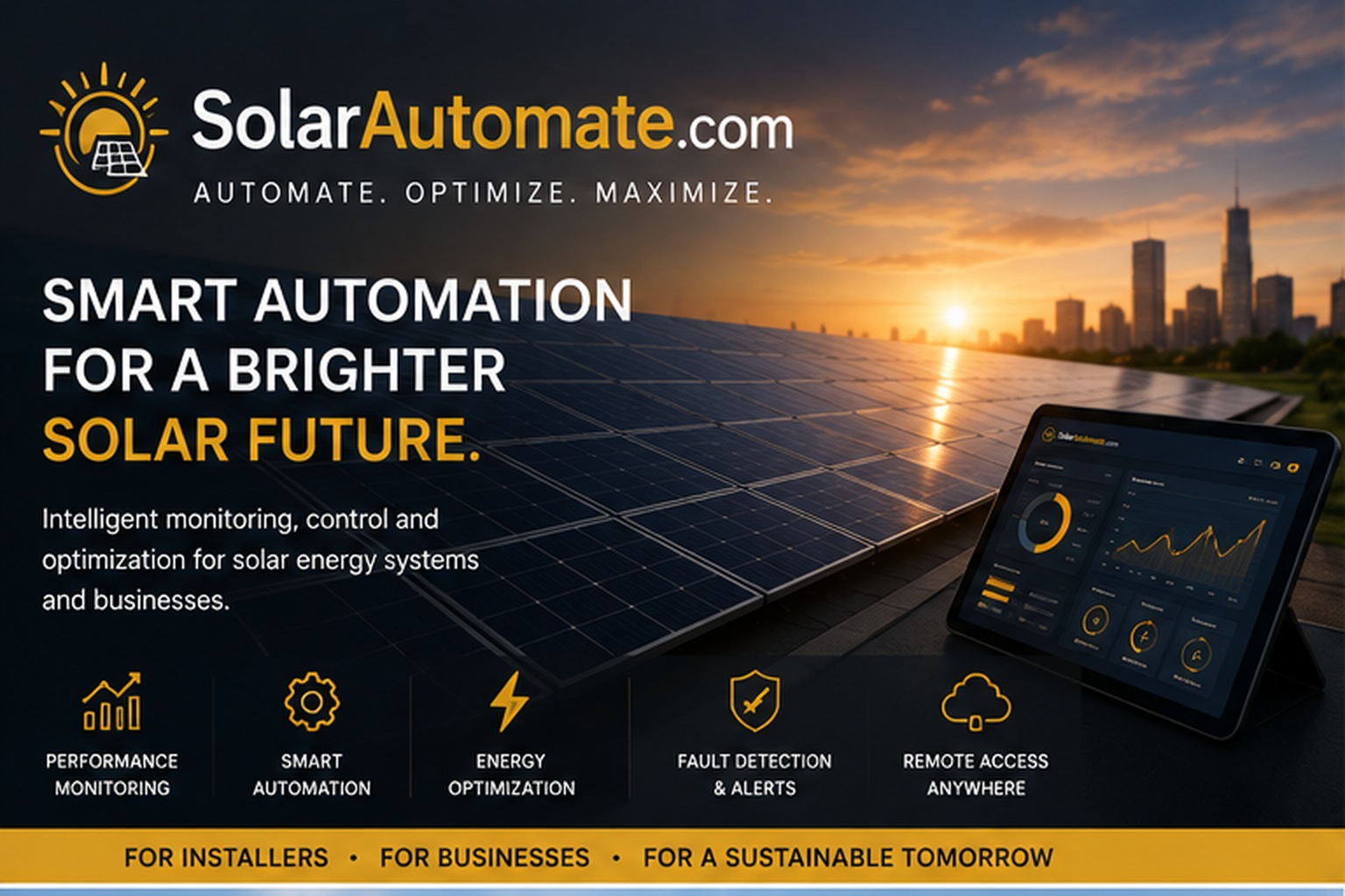 SolarAutomate.Com featured concept showing a large solar installation with a digital monitoring dashboard for automated solar performance and energy optimization.