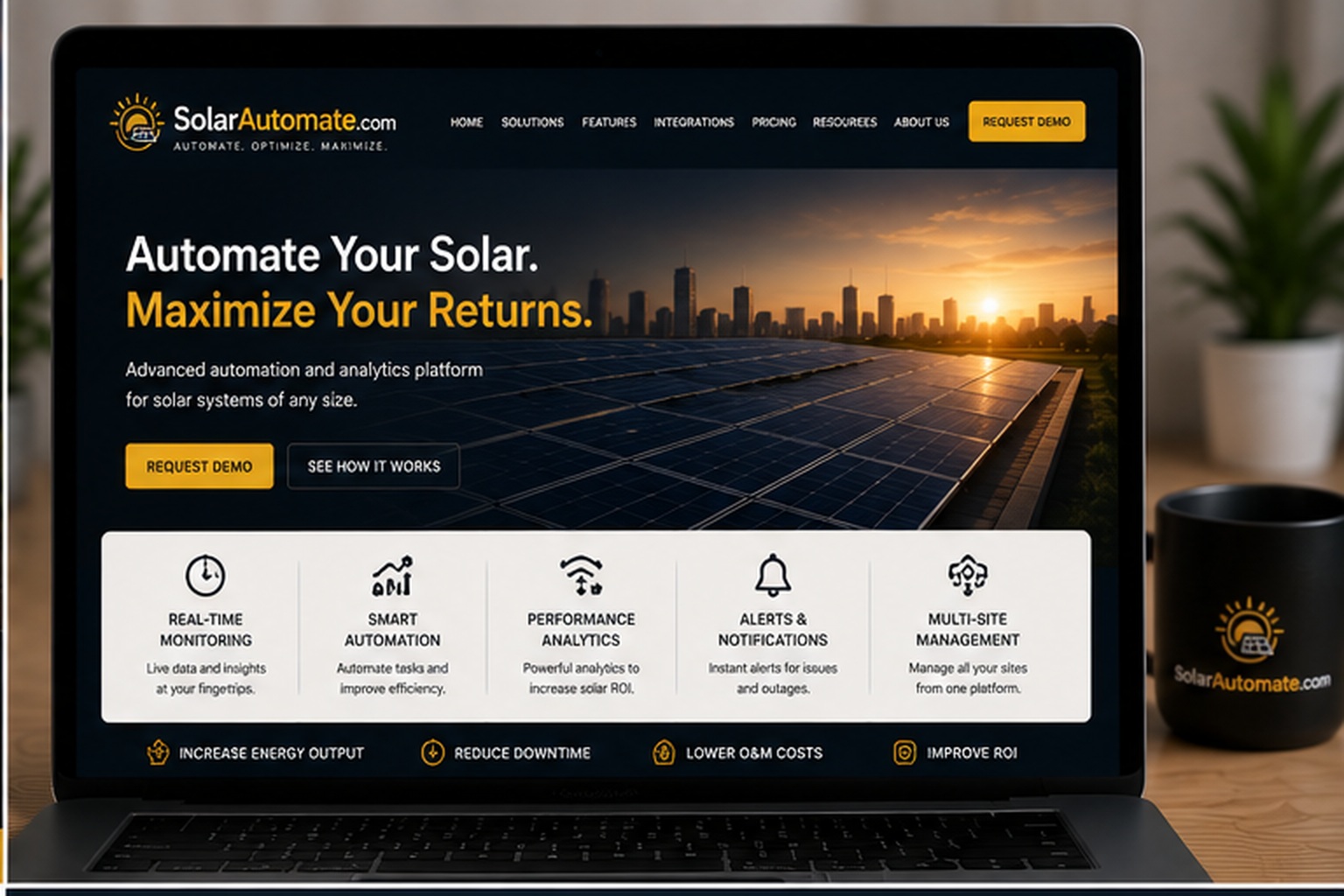 SolarAutomate.Com software platform displayed on a laptop featuring real-time solar monitoring, smart automation, analytics, alerts and multi-site management.